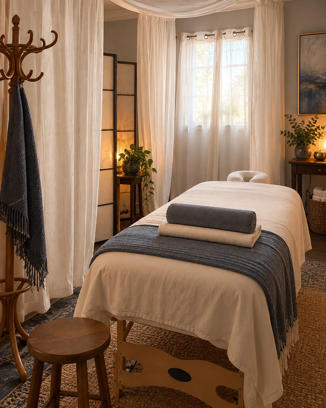 Soft curtains and natural light surround a massage table