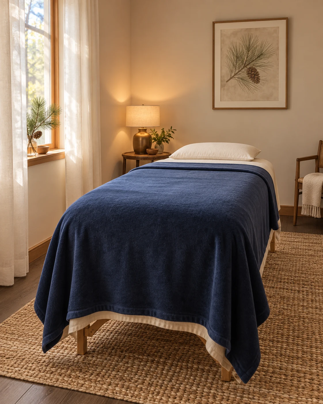 A calm private treatment room prepared for a session