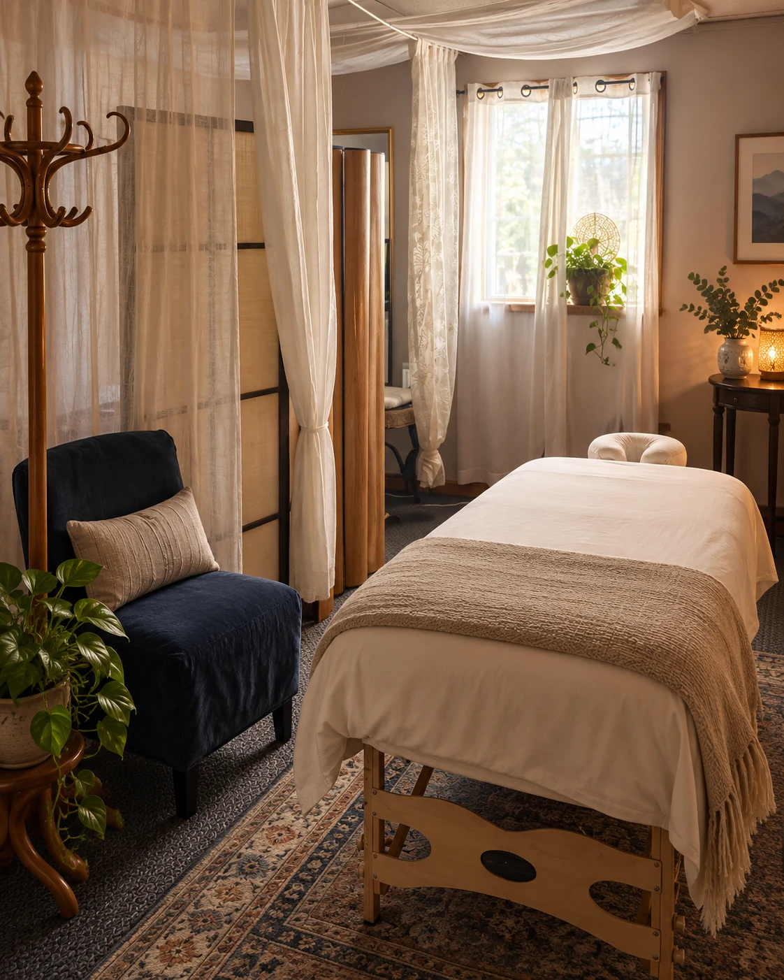 A softly lit treatment room at Touch of Comfort